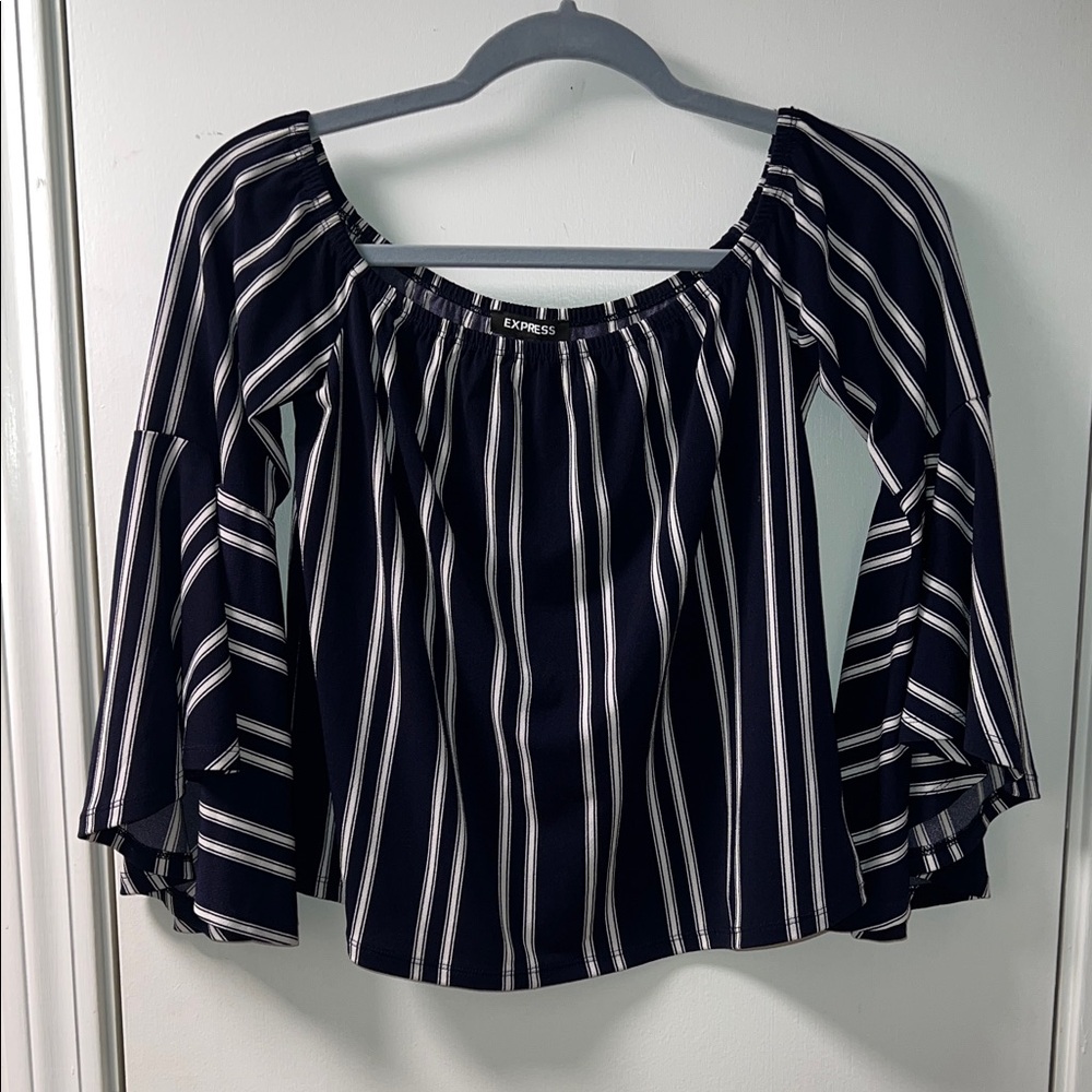 Express Striped Navy and White Off-the-Shoulder blouse